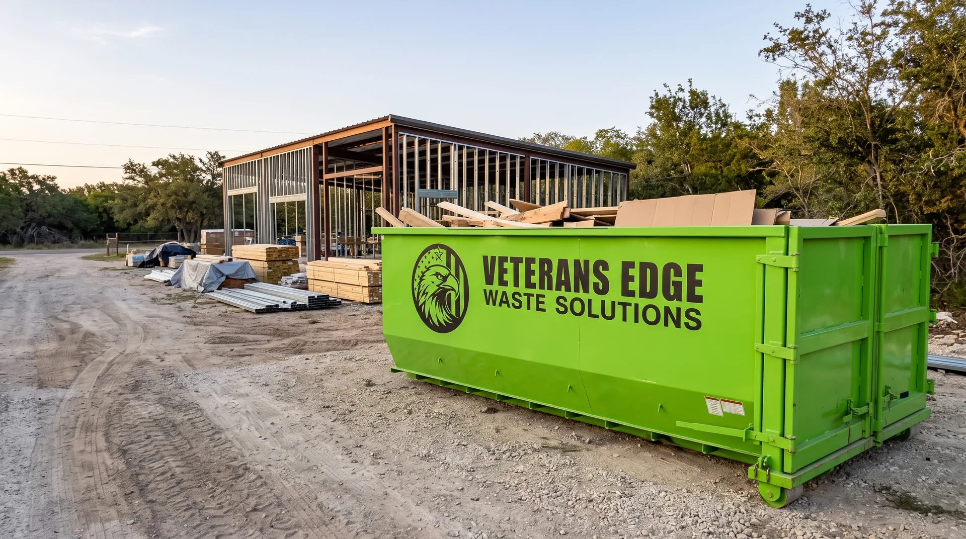 Veterans Edge dumpster at a metal building construction project