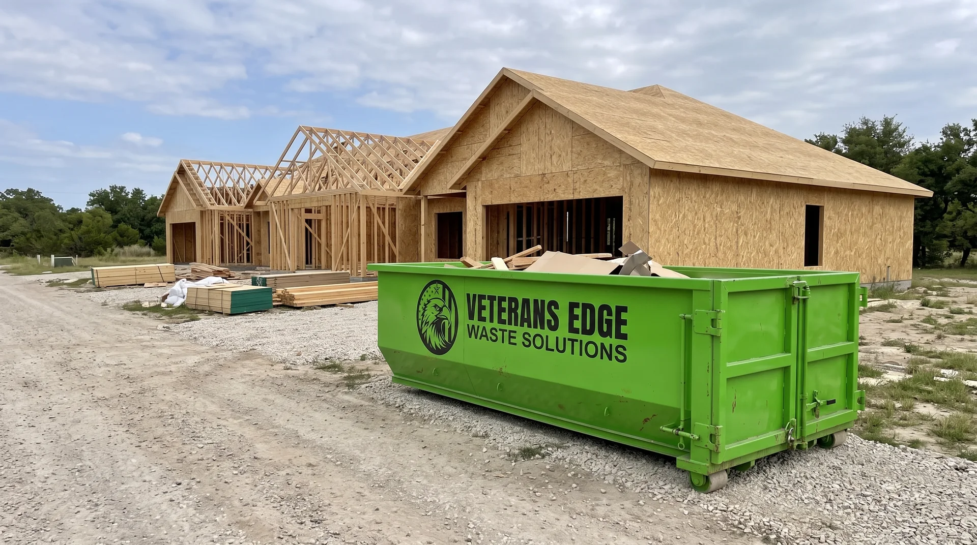 Veterans Edge dumpster at a new home construction site