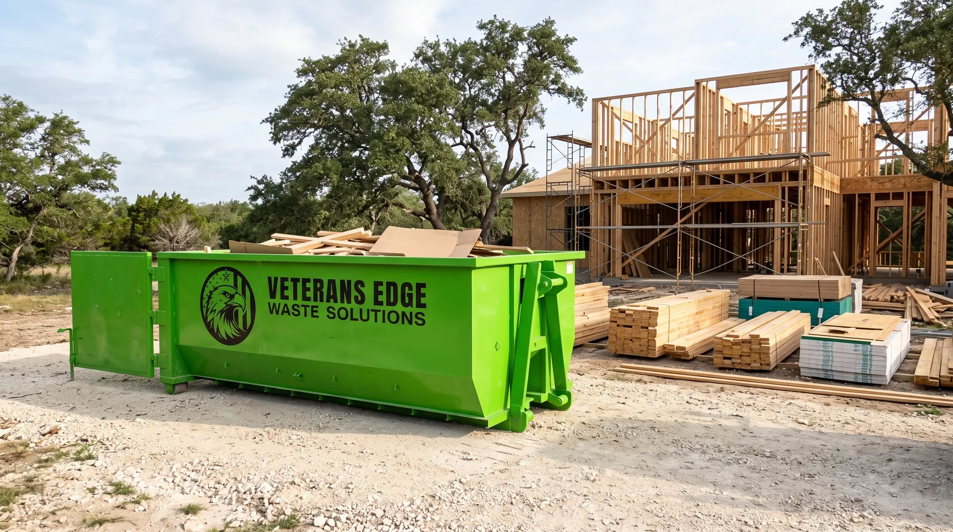 Veterans Edge dumpster beside a two-story home under construction